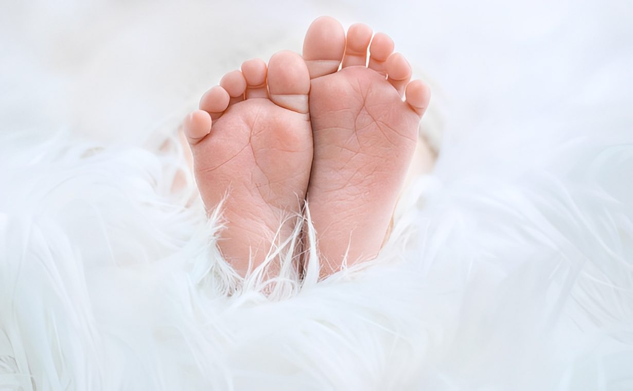 Newborn's feet resting on feathers