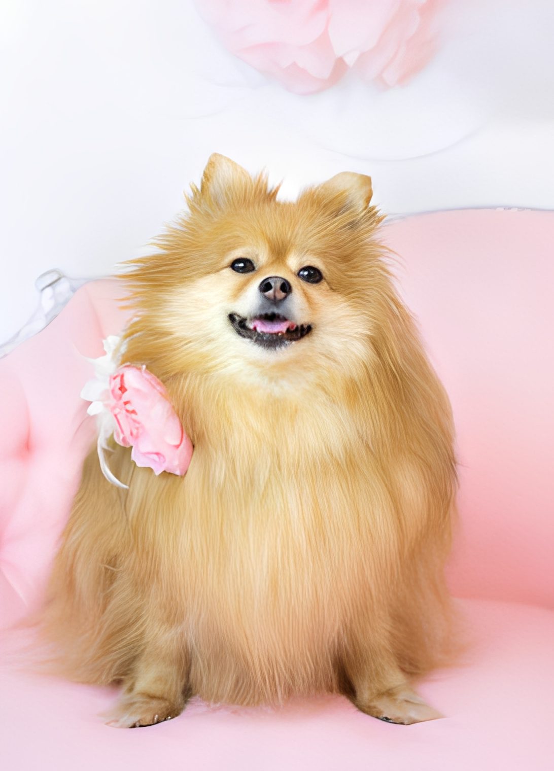 Fluffy Pomeranian with pink flower accessory